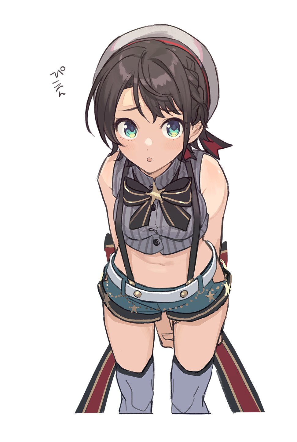 1girl, arms_behind_back, asymmetrical_bangs, bad_id, bad_twitter_id, beret, black_ribbon, blue_eyes