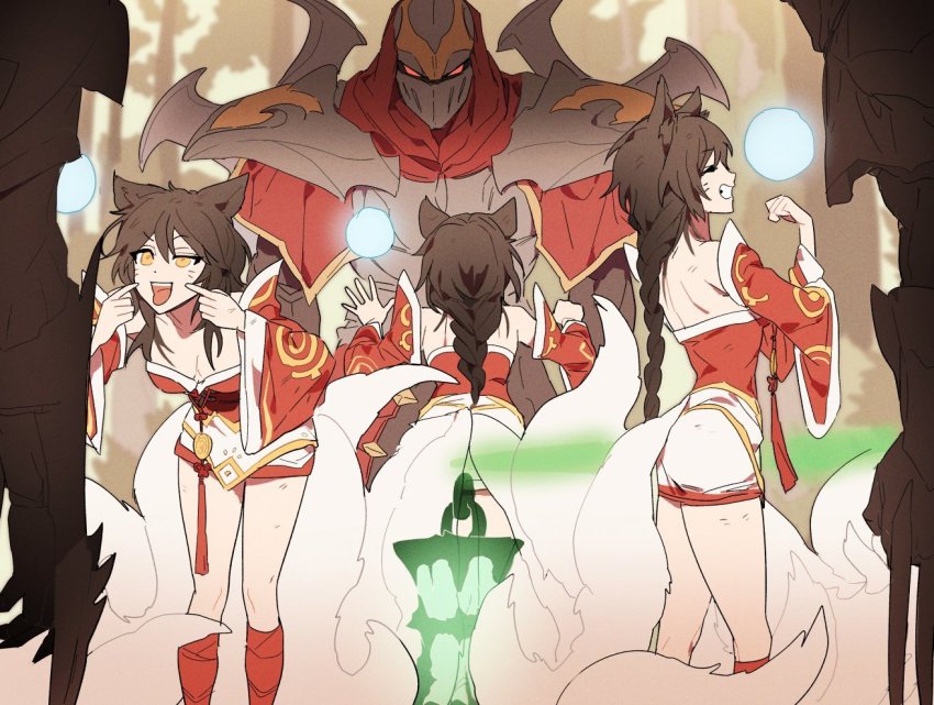 ahri_(league_of_legends), animal_ears, facial_mark, fox_ears, fox_tail, korean_clothes, league_of_legends, low_neckline, multiple_tails, tail, thresh_(league_of_legends), vastaya, whisker_markings, zaket07, zed_(league_of_legends), zed_(wild_arms)