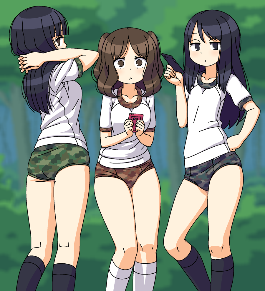 3girls, :<, black_eyes, black_hair, black_socks, blue_buruma, blurry, blurry_background