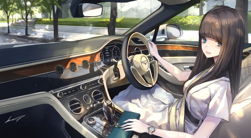 1girl, absurdres, bag, bentley, blue_bag, blue_eyes, blunt_bangs, brown_hair