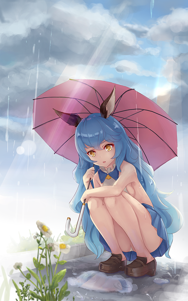 1girl, animal_ears, arm_on_knee, ass, bare_legs, bare_shoulders, bell_(angelicalary), blue_hair