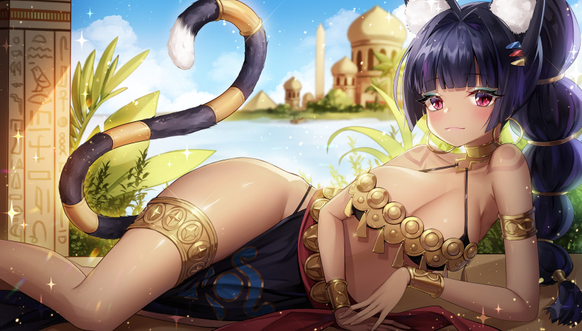 1girl, animal_ears, ankkoyom, armlet, black_hair, blush, braid, breasts, cat_ears, cat_tail, cleavage, commentary_request, copyright_request, dark-skinned_female, dark_skin, day, earrings, epic_seven, female_focus, hair_intakes, hair_ornament, hairclip, highres, hoop_earrings, jewelry, large_breasts, long_braid, long_hair, outdoors, pink_eyes, rin_(epic_seven), smile, solo, tail, thighlet