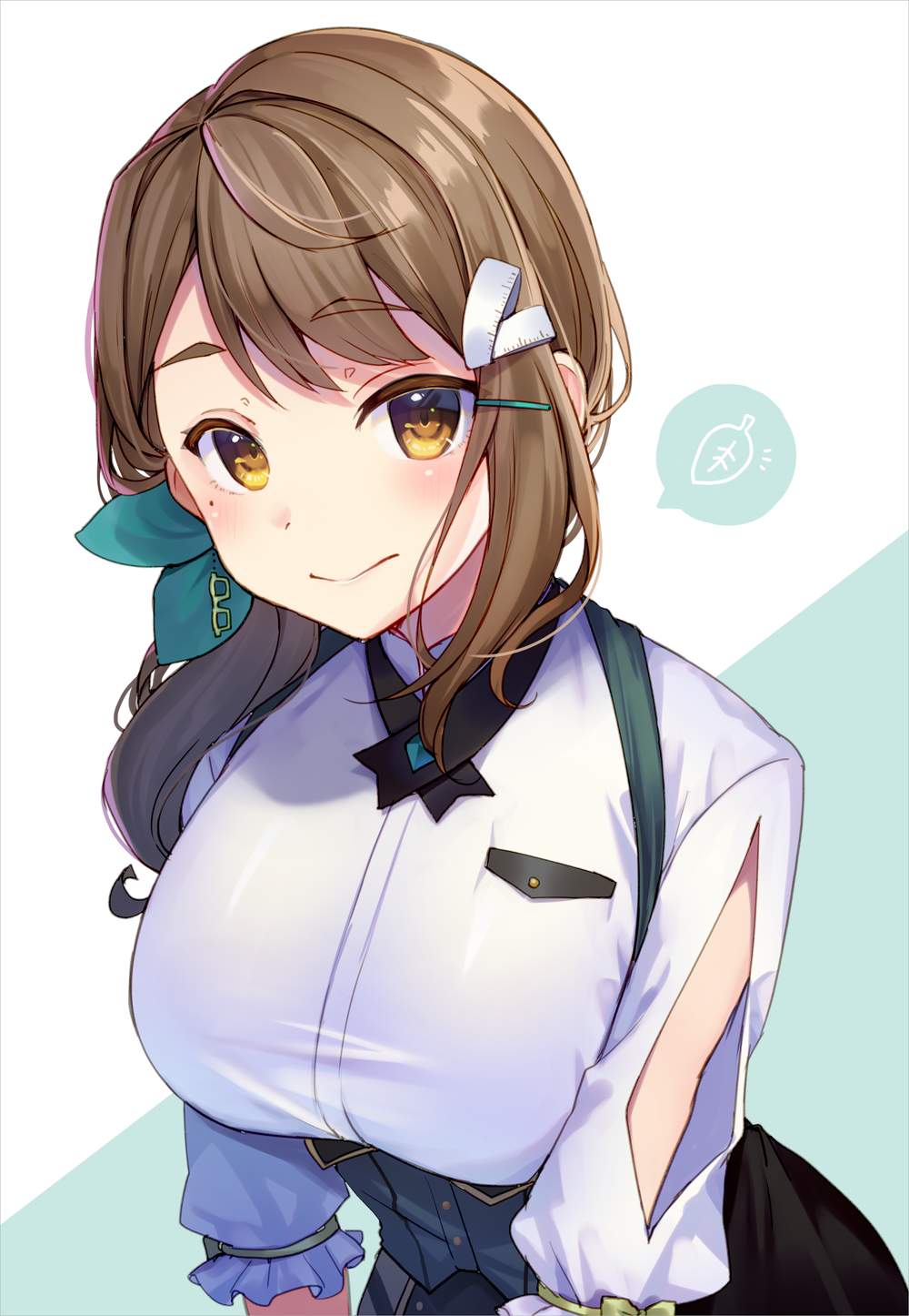 1girl, black_skirt, blue_background, blue_ribbon, blush, bow, breasts, brown_eyes, brown_hair, closed_mouth, commentary_request, dress_shirt, female_focus, green_bow, hair_ornament, hair_ribbon, hairclip, hayama_mido, highres, indie_virtual_youtuber, long_hair, long_sleeves, looking_at_viewer, medium_breasts, mole, mole_under_eye, momoirone, puffy_long_sleeves, puffy_sleeves, ribbon, shirt, skirt, solo, two-tone_background, underbust, virtual_youtuber, white_background, white_shirt
