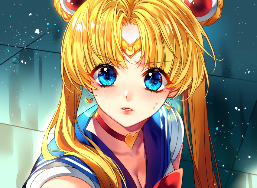 1girl, apple29556997, bishoujo_senshi_sailor_moon, bishoujo_senshi_sailor_moon_s, blonde_hair, blue_eyes, blue_sailor_collar, bow, bowtie, breasts, choker, circlet, cleavage, collarbone, crescent, crescent_earrings, derivative_work, double_bun, earrings, female_focus, hair_between_eyes, hair_bun, hair_intakes, hair_ornament, heart, heart_choker, highres, jewelry, long_hair, looking_at_viewer, medium_breasts, meme, red_bow, red_bowtie, sailor_collar, sailor_moon_redraw_challenge_(meme), sailor_senshi_uniform, sailor_shirt, shirt, sleeveless, sleeveless_shirt, solo, sweatdrop, tsukino_usagi, upper_body, white_shirt