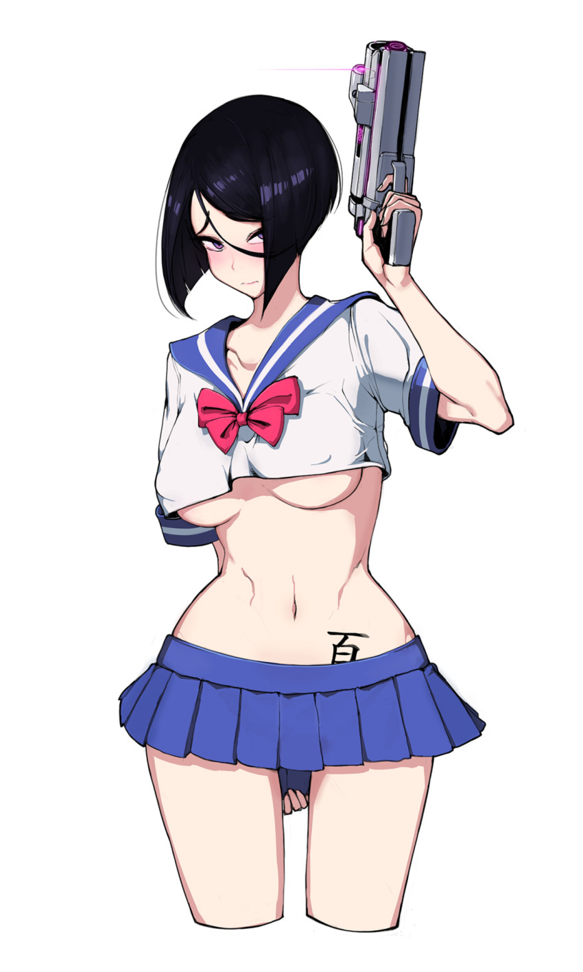 1girl, alternate_costume, bad_id, bad_pixiv_id, black_hair, blush, body_writing, breasts, commentary_request, counter:side, cropped_legs, female_focus, gun, hair_between_eyes, happening18, hayami_sanae, highres, holding, holding_gun, holding_weapon, looking_at_viewer, midriff, navel, pleated_skirt, purple_eyes, school_uniform, serafuku, short_hair, simple_background, skirt, solo, underboob, weapon, white_background