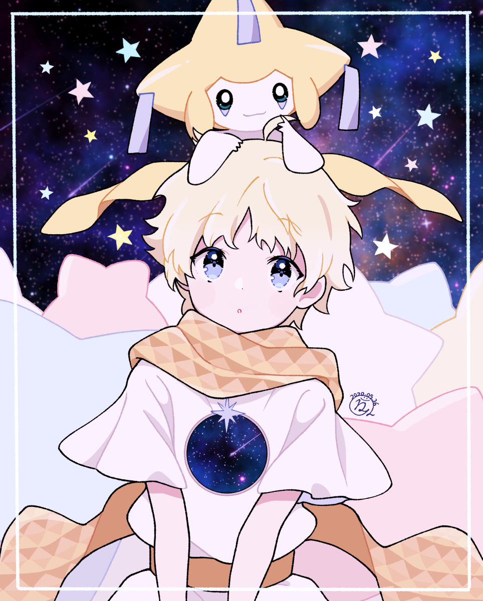 1boy, 1other, :o, ahoge, baggy_clothes, blonde_hair, blue_border, blue_eyes, blush, border, bright_pupils, commentary_request, creature, crossover, dated, fate/requiem, fate_(series), gen_3_pokemon, glowing, highres, jirachi, legendary_pokemon, looking_at_viewer, male_focus, mythical_pokemon, namigon, nintendo, on_head, open_mouth, parted_bangs, pokemon, pokemon_(creature), pokemon_on_head, revision, robe, scarf, short_sleeves, sidelocks, signature, sky, smile, solo_focus, space, star_(sky), star_(symbol), starry_background, starry_sky, tunic, upper_body, voyager_(fate), white_tunic, yellow_scarf