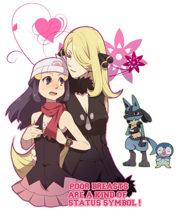 00s, 2girls, ascot, beanie, blonde_hair, blue_hair, blush, breasts