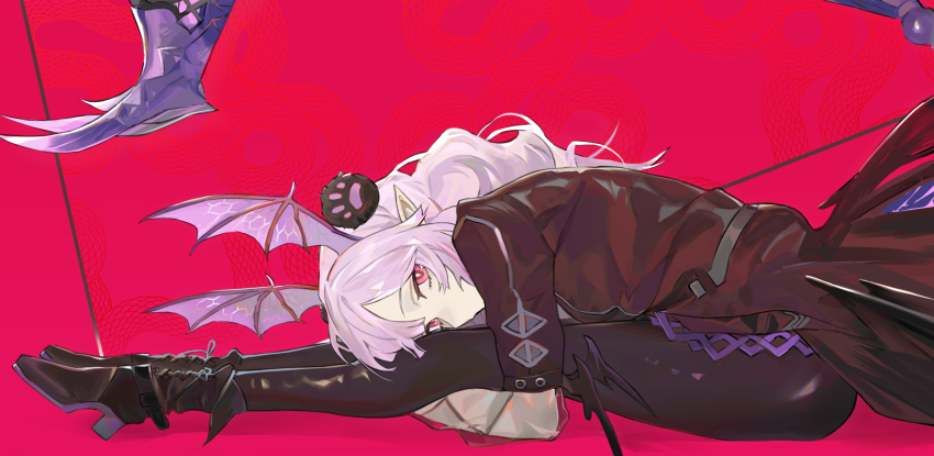 1girl, arknights, bat_wings, bent_over, black_footwear, black_jacket, black_pants, breasts, commentary, contortion, expressionless, female_focus, flexible, hair_ornament, head_wings, high_heels, highres, hugging_own_legs, jacket, koio, leather, leather_pants, long_hair, looking_at_viewer, manticore_(arknights), manticore_(invisible_dirge)_(arknights), medium_breasts, official_alternate_costume, pants, parted_bangs, paw_print, paw_print_pattern, pink_background, pink_eyes, pink_hair, pointy_ears, scorpion_tail, simple_background, sitting, solo, tail, wings, wire