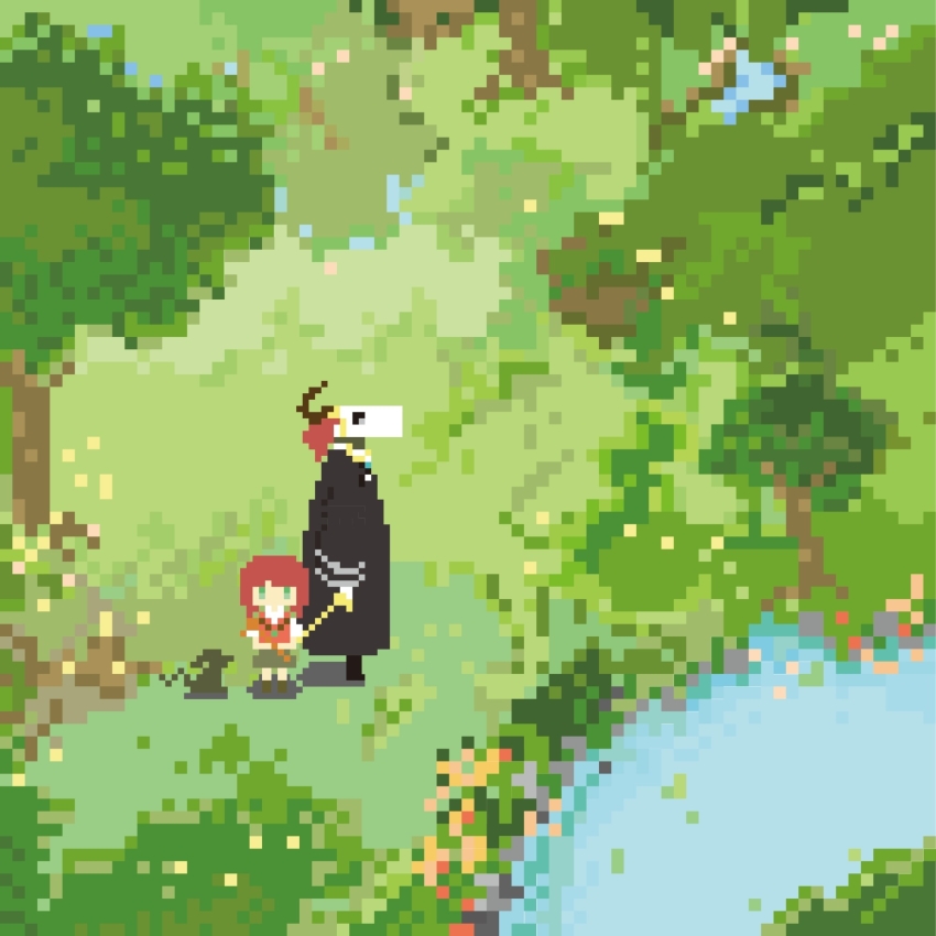 1boy, 1girl, cane, dog, egg_egg0968, elias_ainsworth, green_eyes, hatori_chise, highres, horns, long_sleeves, mahou_tsukai_no_yome, outdoors, pixel_art, red_hair, ruth_(mahou_tsukai_no_yome), short_hair, skull, skull_head, tree, water