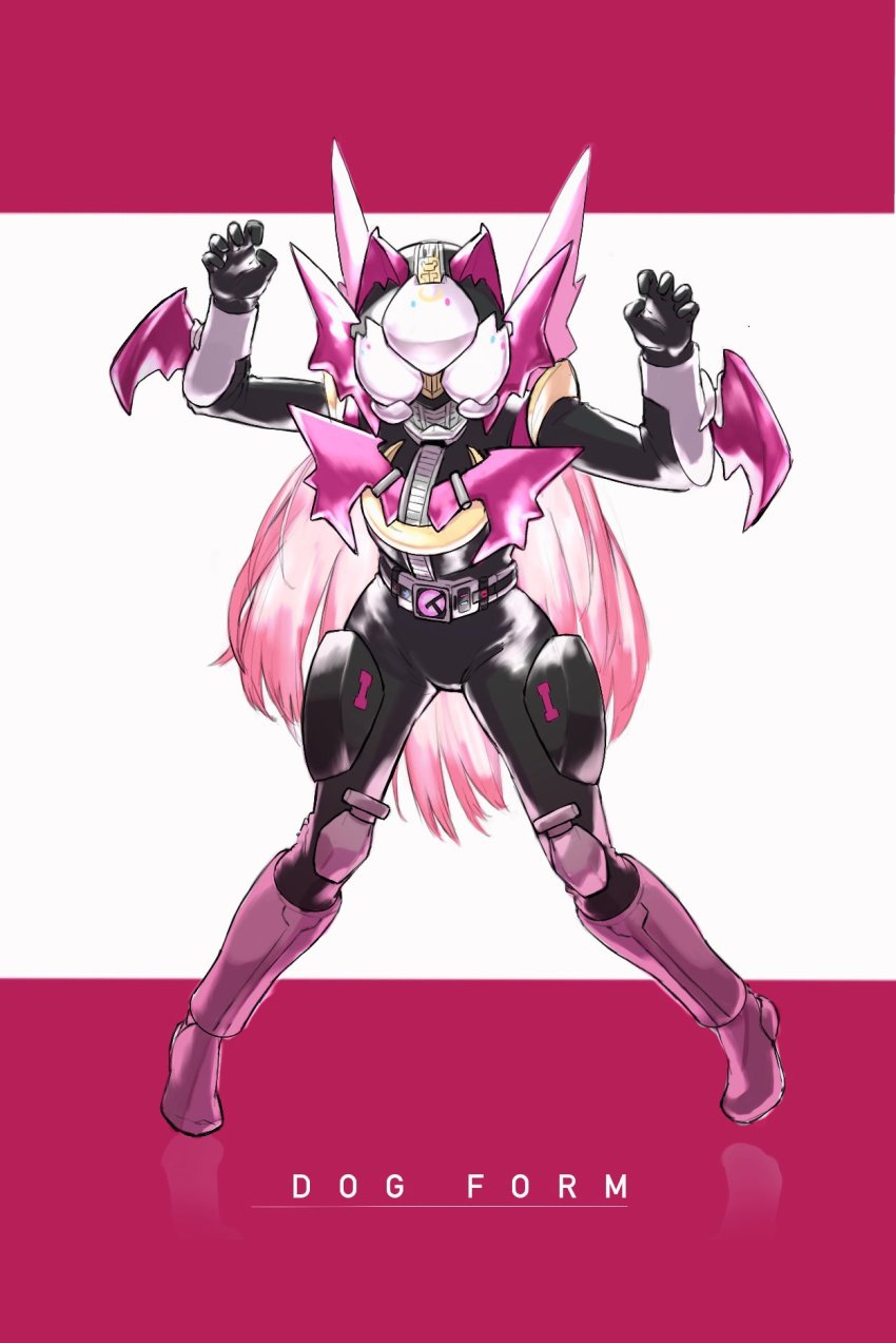 1girl, belt, bodysuit, demon_girl, drive_hobby, female_focus, hair_ornament, helmet, heterochromia, highres, horns, kamen_rider, kamen_rider_den-o, kamen_rider_den-o_(series), long_hair, looking_at_viewer, mask, nijisanji, parody, pink_hair, simple_background, solo, virtual_youtuber, wings, yuzuki_roa
