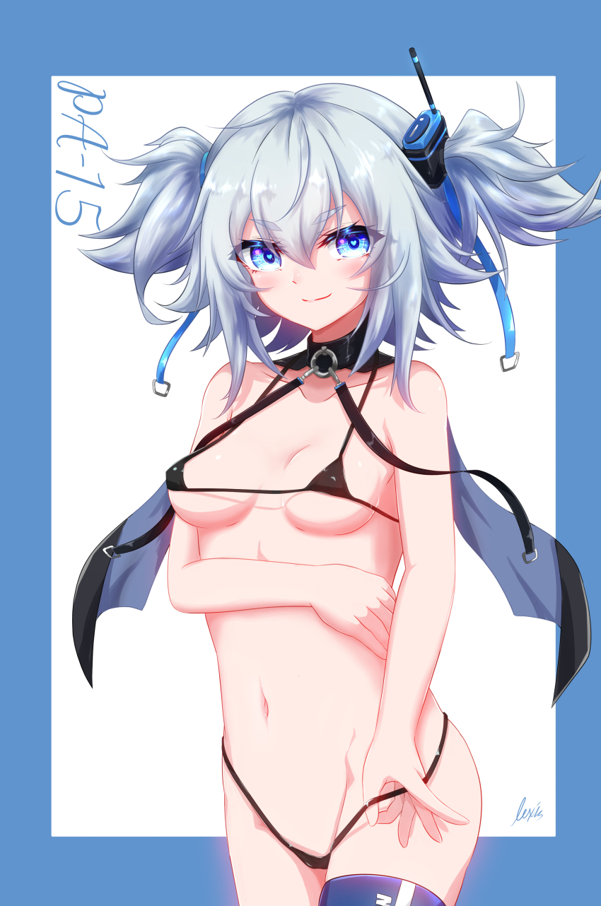 1girl, absurdres, bikini, black_bikini, black_capelet, blue_eyes, blue_thighhighs, blush