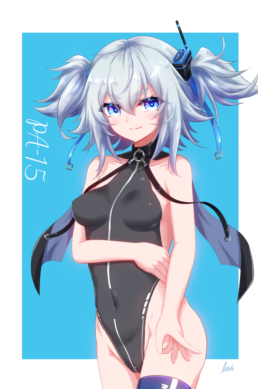1girl, absurdres, black_capelet, black_leotard, blue_eyes, blue_thighhighs, blush, breasts