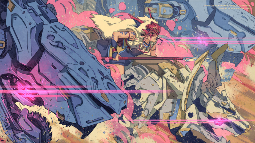 1girl, adapted_costume, ann_maulina, clenched_teeth, commentary, crossover, english_commentary, facepaint, fur, glowing, glowing_eyes, headdress, horizon_(game), horizon_(video_game), horizon_zero_dawn, jewelry, mask, mask_on_head, mononoke_hime, necklace, parted_lips, polearm, riding, robot, san_(mononoke_hime), serious, short_hair, spear, teeth, tooth_necklace, weapon