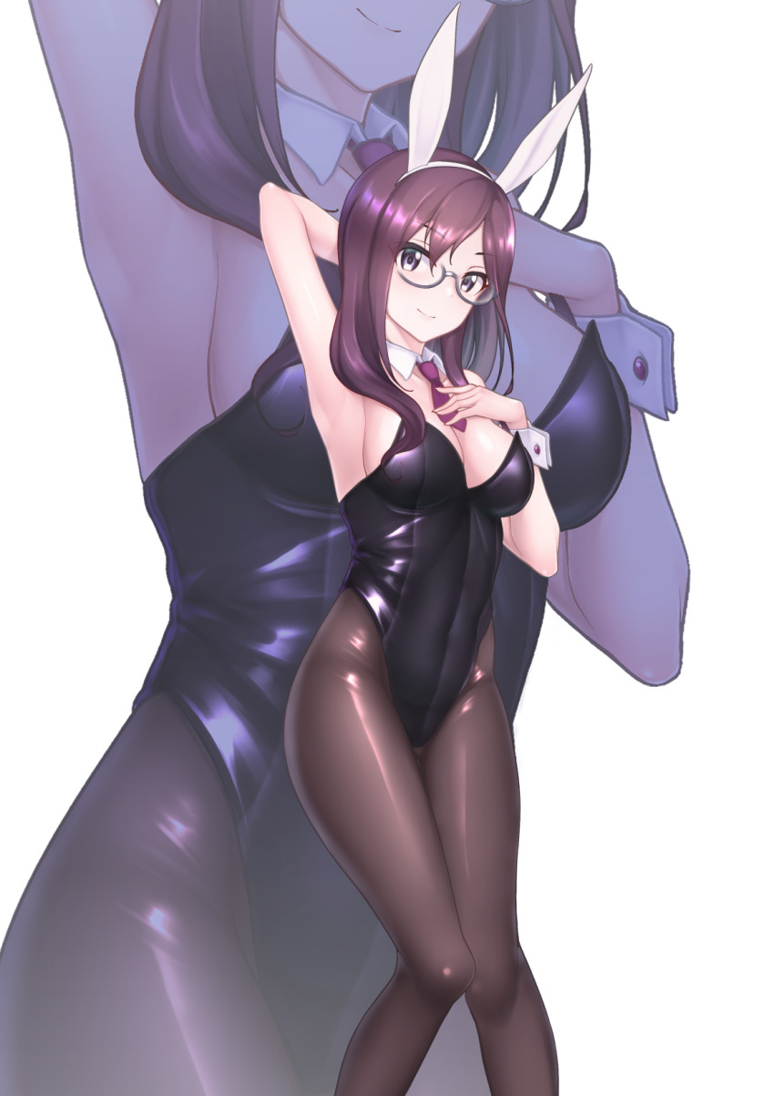 1girl, animal_ears, arm_behind_head, armpits, bare_shoulders, black_leotard, black_pantyhose, breasts