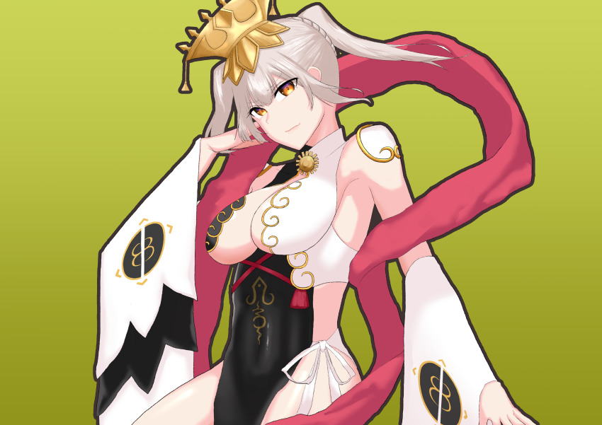 1girl, absurdres, bad_id, bad_pixiv_id, braid, breasts, covered_navel, detached_sleeves