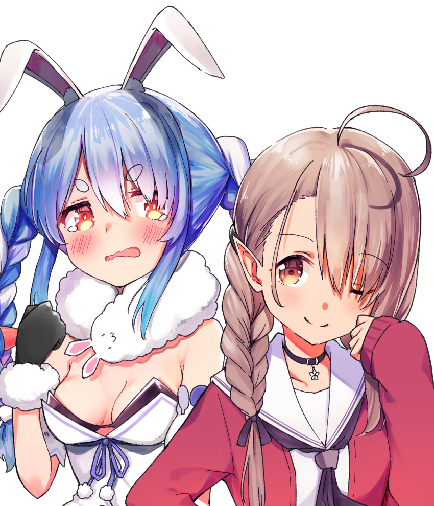 2girls, absurdres, ahoge, animal_ear_fluff, animal_ears, black_bow, black_gloves, black_neckerchief