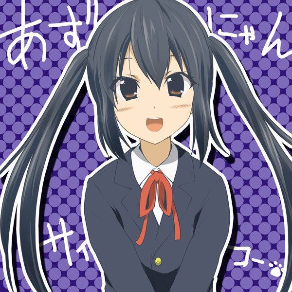 00s, 1girl, black_hair, blush, brown_eyes, female_focus, hiroyoshi, k-on!, long_hair, nakano_azusa, neck_ribbon, red_ribbon, ribbon, school_uniform, solo, twintails