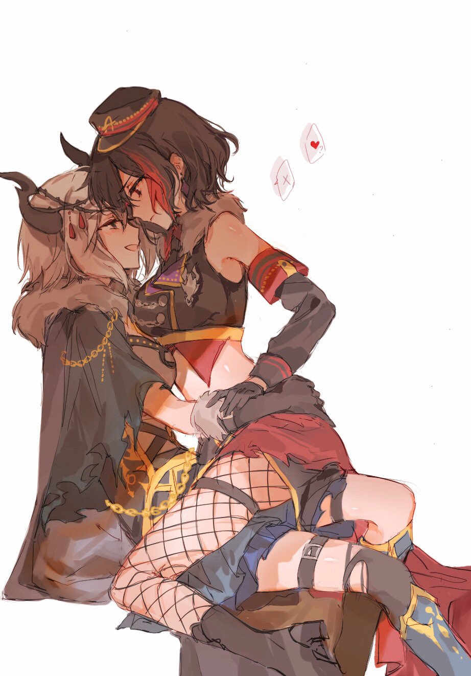 2girls, aoba_moca, bang_dream!, bang_dream!_girls_band_party!, bare_shoulders, black_hair, black_skirt, cape