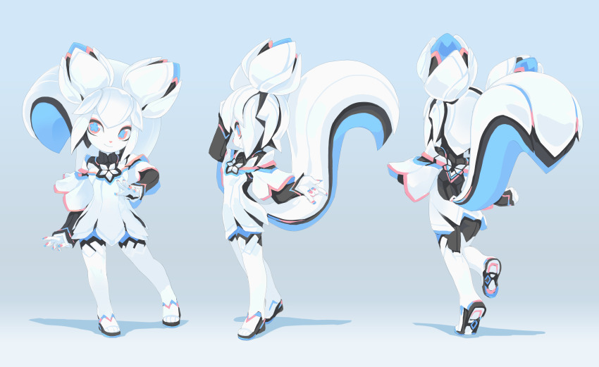 1girl, \n/, absurdres, android, animal_nose, reference_sheet, commentary, double_bun, english_commentary, flower-shaped_pupils, from_behind, furry, furry_female, highres, kiki_the_cyber_squirrel, krita_(medium), krita_(software), leg_up, mascot, multicolored_eyes, multiple_views, smile, squirrel_girl, squirrel_tail, standing, symbol-shaped_pupils, tail, tyson_tan, white_hair