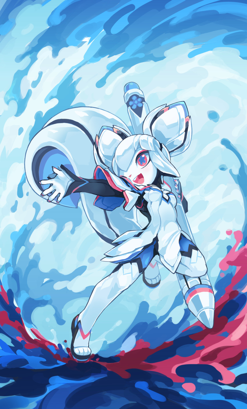 1girl, absurdres, android, blue_eyes, blue_nails, commentary, double_bun, english_commentary