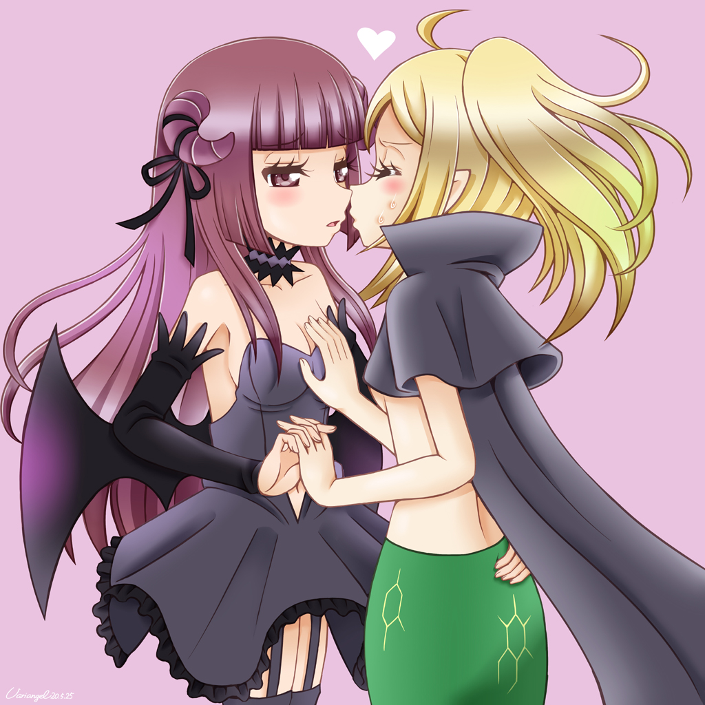 2girls, ahoge, blonde_hair, blush, breasts, brown_eyes, brown_hair, cape