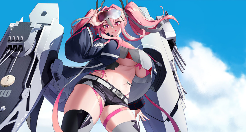 1girl, azur_lane, bare_shoulders, belt, bikini, bikini_under_clothes, black_shorts, blue_jacket