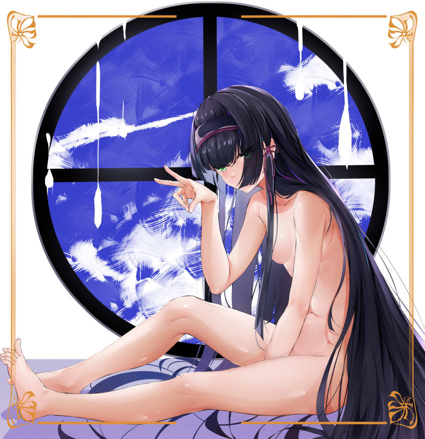 1girl, absurdres, barefoot, bed, bishoujo_mangekyou, bishoujo_mangekyou:_kotowari_to_meikyuu_no_shoujo, bishoujo_mangekyou_(series), black_hair