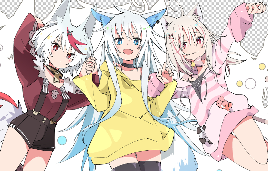 3girls, :3, :d, ahoge, animal_ear_fluff, animal_ears, black_choker, black_legwear, black_shorts, blue_eyes, brown_hair, cat_ears, cat_tail, choker, collar, dog_ears, fang, hair_between_eyes, hair_ornament, ixy, long_hair, long_sleeves, looking_at_viewer, manao-ke, manao_chikage, manao_misuzu, manao_sena, multicolored_hair, multiple_girls, open_mouth, red_eyes, red_hair, shorts, smile, striped, suspenders, tail, thighhighs, two-tone_hair, v_maison, virtual_youtuber, white_hair, x_hair_ornament