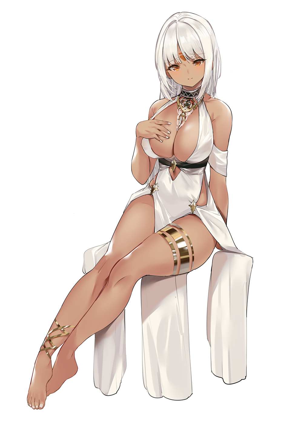 1girl, azur_lane, bare_shoulders, blush, body_markings, breasts, brown_eyes, center_opening, cleavage, clothes_between_thighs, clothing_cutout, cutout_above_navel, dark-skinned_female, dark_skin, dress, facial_mark, female_focus, forehead_mark, full_body, halter_dress, halterneck, highres, jewelry, large_breasts, long_hair, looking_at_viewer, majocc_(dusty051), massachusetts_(azur_lane), massachusetts_(dressed_to_impress)_(azur_lane), native_american, simple_background, sitting, sleeveless, sleeveless_dress, solo, tan, thighlet, white_background, white_dress, white_hair