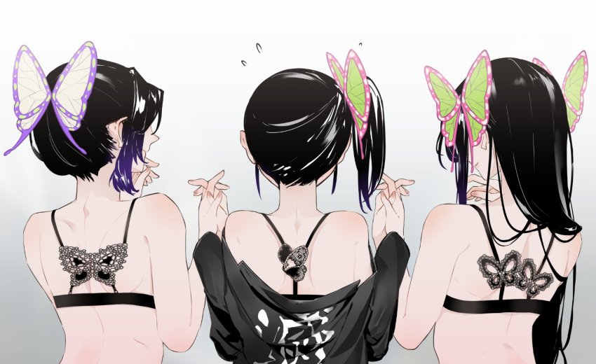 3girls, back, bare_shoulders, black_bra, black_hair, black_shirt, bra, butterfly_hair_ornament, flying_sweatdrops, from_behind, gradient_background, gradient_hair, grey_background, hair_ornament, kimetsu_no_yaiba, kochou_kanae, kochou_shinobu, long_hair, long_sleeves, multicolored_hair, multiple_girls, nape, neko_(ganecooo), off-shoulder_shirt, off_shoulder, one_side_up, purple_hair, shirt, smile, tsuyuri_kanao, underwear