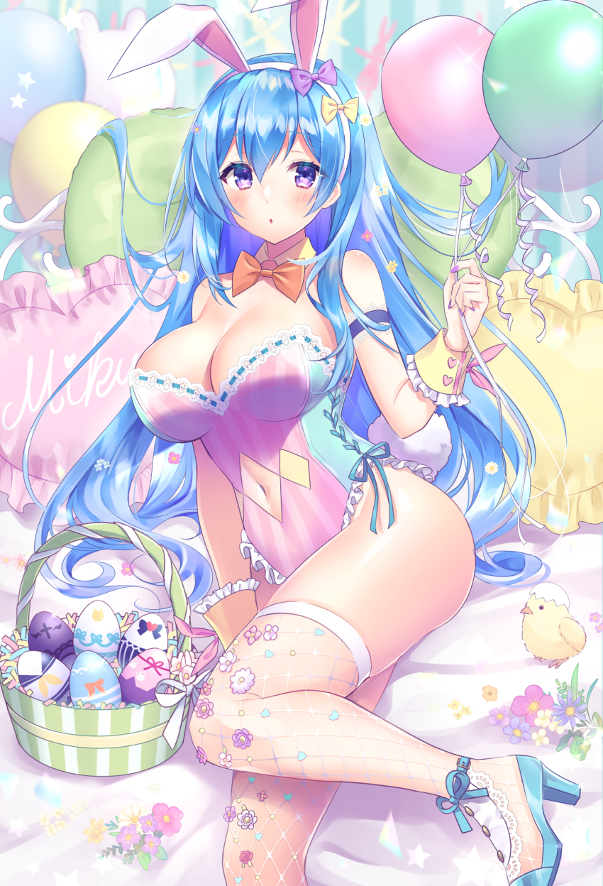 1girl, animal_ears, arm_strap, baby_animal, balloon, bare_shoulders, basket, bird