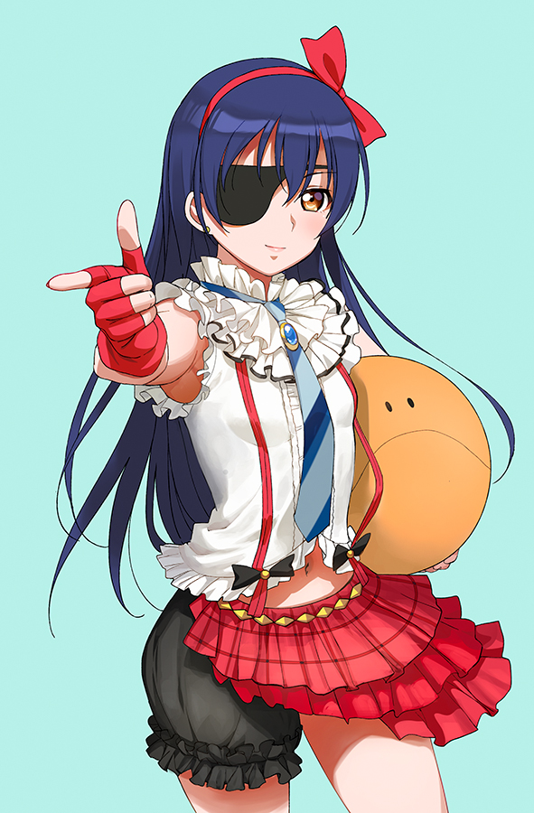 1girl, a1_(initial-g), aqua_background, armpit_peek, asymmetrical_legwear, black_bloomers, black_bow, bloomers