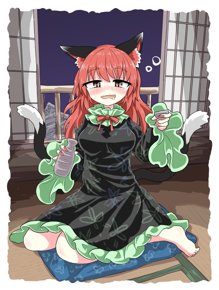 1girl, alcohol, alternate_hairstyle, animal_ears, bare_legs, black_dress, blue_carpet, bubble