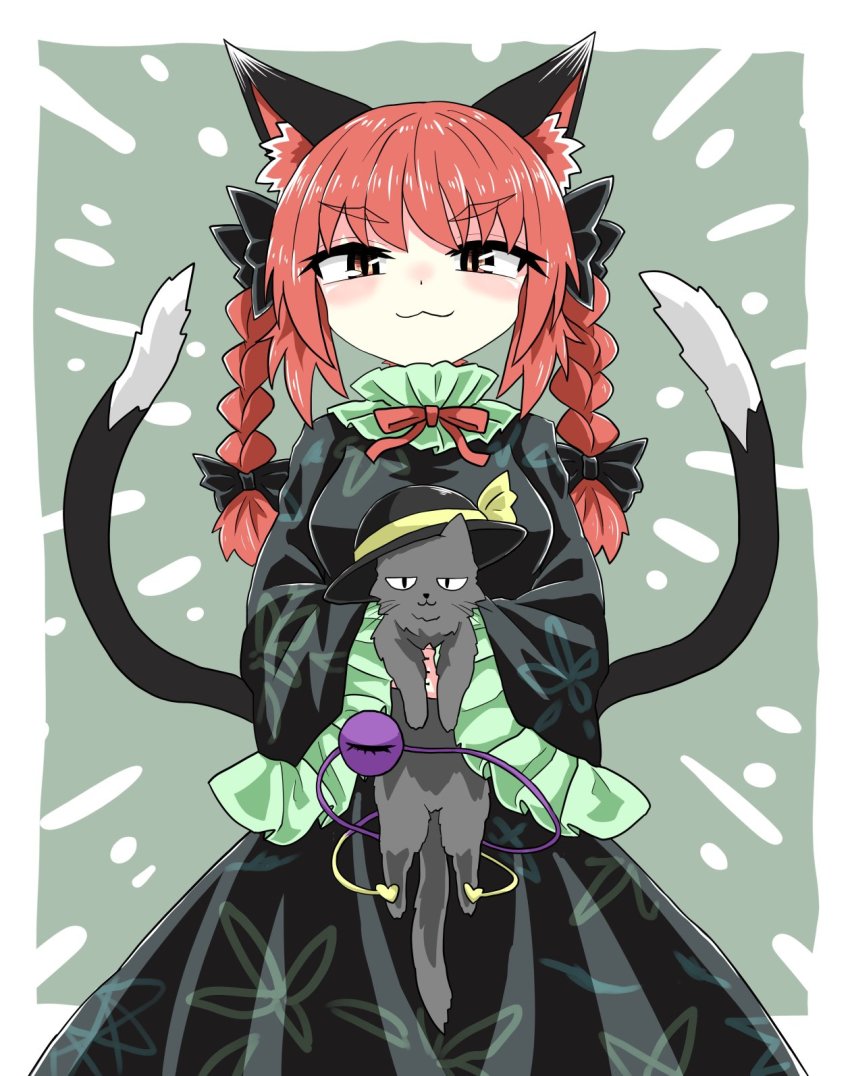2girls, :3, animal_ears, black_bow, black_dress, black_headwear, black_ribbon, bow