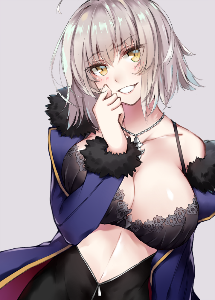 1girl, ahoge, black_bra, blush, bra, breasts, cleavage, collarbone