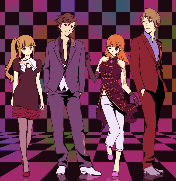 00s, 2boys, 2girls, aged_down, aikabocha, bad_id, bad_pixiv_id, bare_shoulders