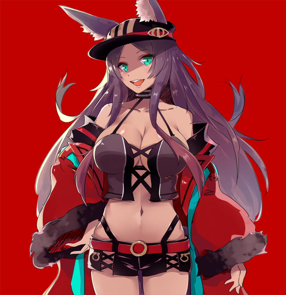 1girl, animal_ears, black_hat, black_skirt, breasts, cleavage, cross-laced_clothes, cross-laced_top