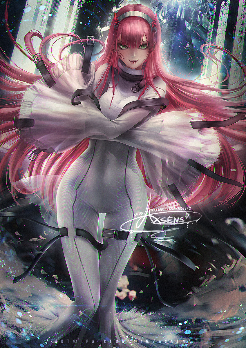 1girl, :d, axsen, belt, belt_buckle, black_belt, bodysuit, buckle, c.c., c.c._(cosplay), code_geass, cosplay, covered_navel, darling_in_the_franxx, fangs, female_focus, floating_hair, green_eyes, grey_hairband, hair_between_eyes, hairband, highres, horns, long_hair, long_sleeves, looking_at_viewer, open_mouth, pink_hair, signature, sleeves_past_fingers, sleeves_past_wrists, smile, solo, standing, straitjacket, thigh_gap, very_long_hair, watermark, white_bodysuit, zero_two_(darling_in_the_franxx)