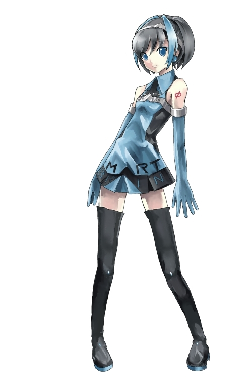 1girl, blue_eyes, derivative_work, earrings, elbow_gloves, female_focus, full_body, gloves, hairband, jewelry, kamen_rider, kamen_rider_555, multicolored_hair, parody, sa-kuma, short_hair, simple_background, smart_lady, solo, standing, tattoo, thighhighs, two-tone_hair, vocaloid, zettai_ryouiki