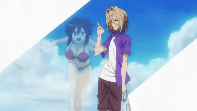 1boy, 1girl, animated, animated_gif, bag, barefoot, bikini, blonde_hair, bouncing_breasts, breasts, brown_hair, cleavage, closed_eyes, kirishima_saki, kirishima_saki_(yumekui_merry), navel, red_bikini, running, shirt, short_hair, shorts, swimsuit, white_shirt, yumekui_merry