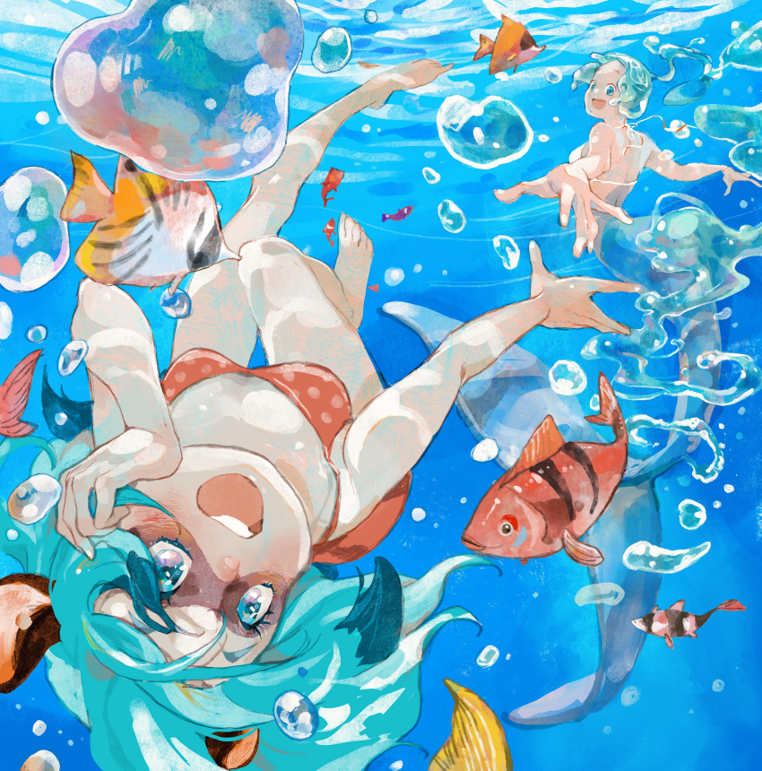2girls, absurdres, air_bubble, aqua_hair, barefoot, blue_eyes, brand_new_animal, bubble