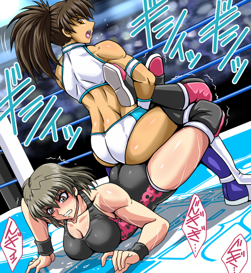 2girls, ass, ass-to-ass, boots, breasts, brown_eyes, brown_hair, butt_crack