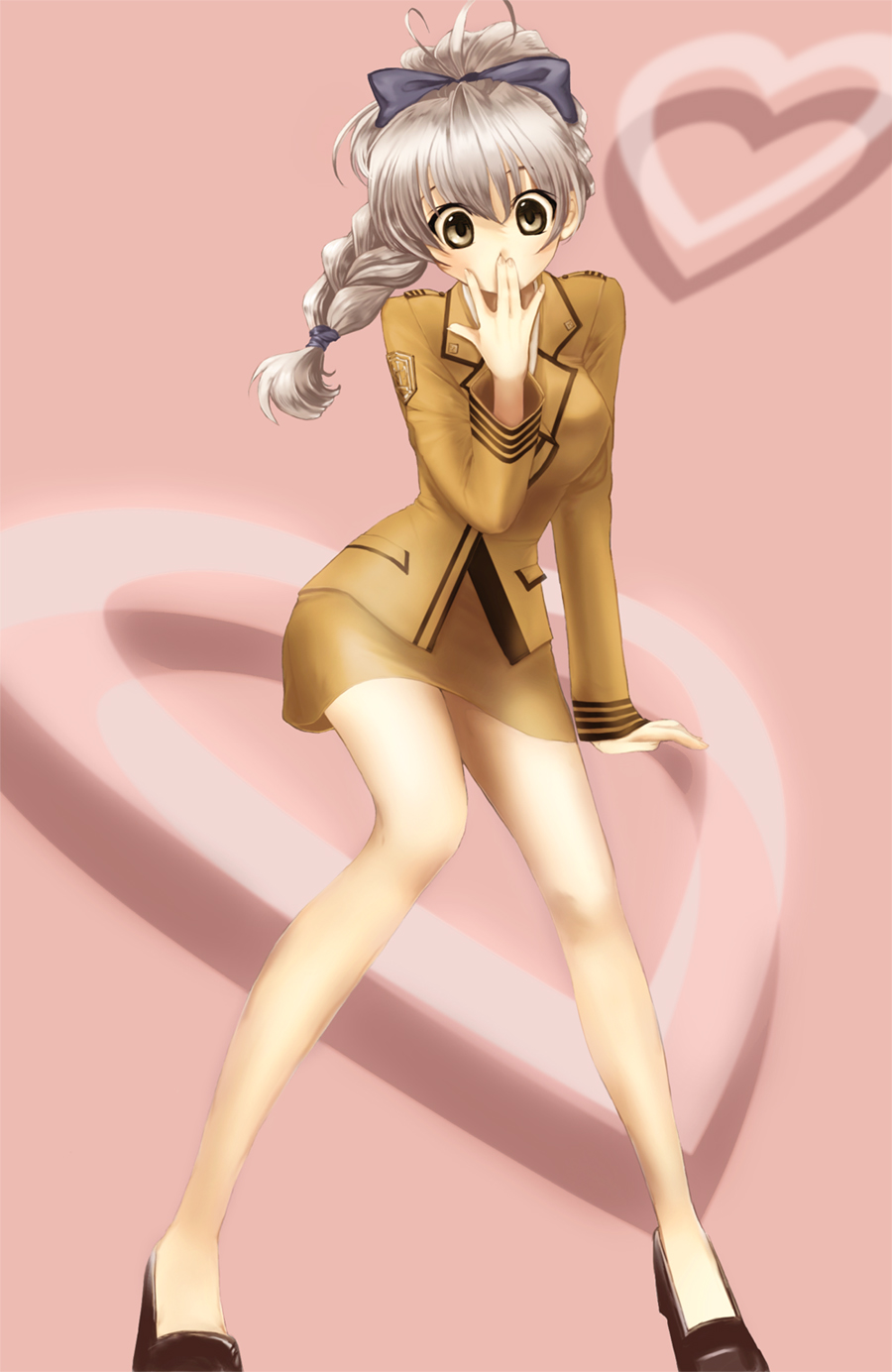 00s, 1girl, bad_id, bad_pixiv_id, braid, covering_own_mouth, female_focus, full_metal_panic!, grey_eyes, hair_ribbon, hand_over_mouth, hand_over_own_mouth, heart, highres, legs, military, military_uniform, pencil_skirt, piiko, ribbon, silver_hair, simple_background, single_braid, skirt, solo, surprised, teletha_testarossa