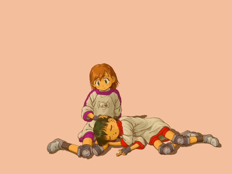 2girls, alien_nine, bike_shorts, chack, female_focus, fingerless_gloves, gloves, green_eyes, hand_on_another's_head, headpat, kawamura_kumi, knee_pads, lap_pillow, multiple_girls, ootani_yuri, short_hair, simple_background, sleeping, twintails