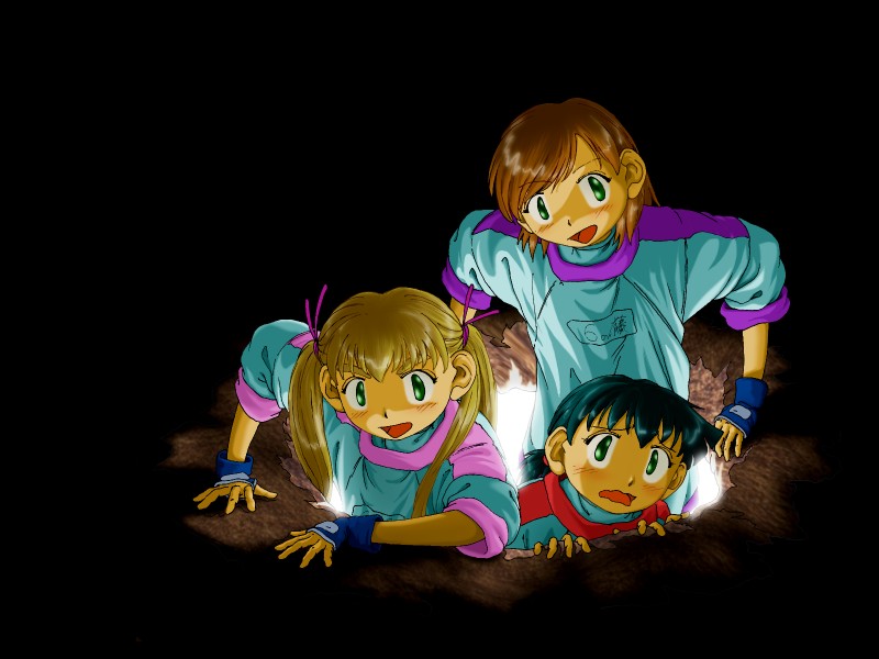 alien_nine, blonde_hair, brown_hair, chack, fingerless_gloves, gloves, green_eyes, kawamura_kumi