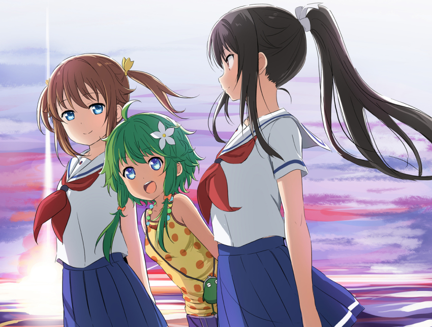 3girls, abe_kanari, bag, black_hair, blue_eyes, blue_skirt, brown_hair, cowboy_shot