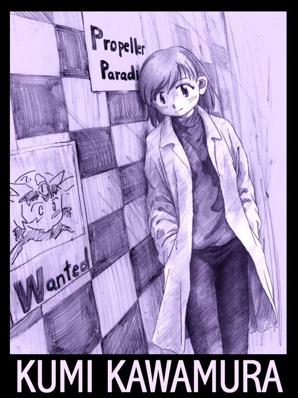 1girl, alien, alien_nine, chack, coat, faux_traditional_media, female_focus, kawamura_kumi, monochrome, ootani_yuri, poster_(object), purple_theme, short_hair, sketch, solo, wanted_poster