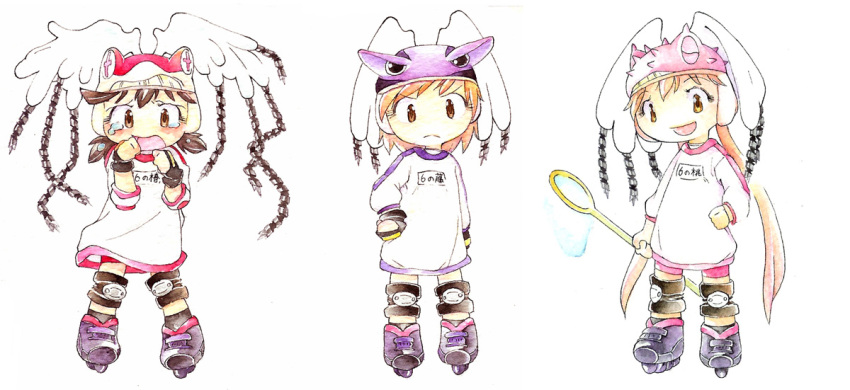 3girls, alien, alien_nine, bike_shorts, blonde_hair, borg_(alien_nine), brown_eyes, brown_hair