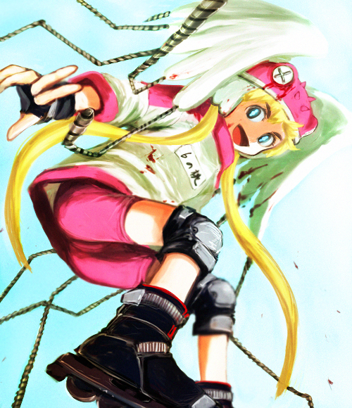 1girl, alien, alien_nine, bike_shorts, blonde_hair, borg_(alien_nine), female_focus, fingerless_gloves