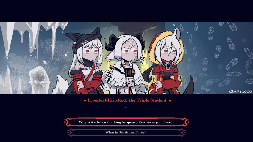 3girls, alternate_eye_color, alternate_hair_color, animal_ears, arknights, demon_horns, dialogue_box, english_text